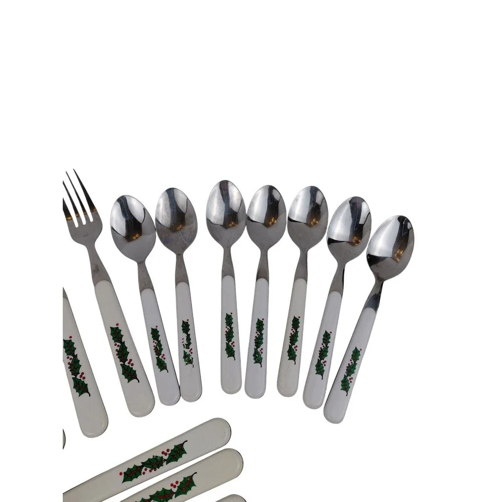 Vtg Stainless Silverware Flatware Plastic Christmas Holly Leaves Berries  Pcs
